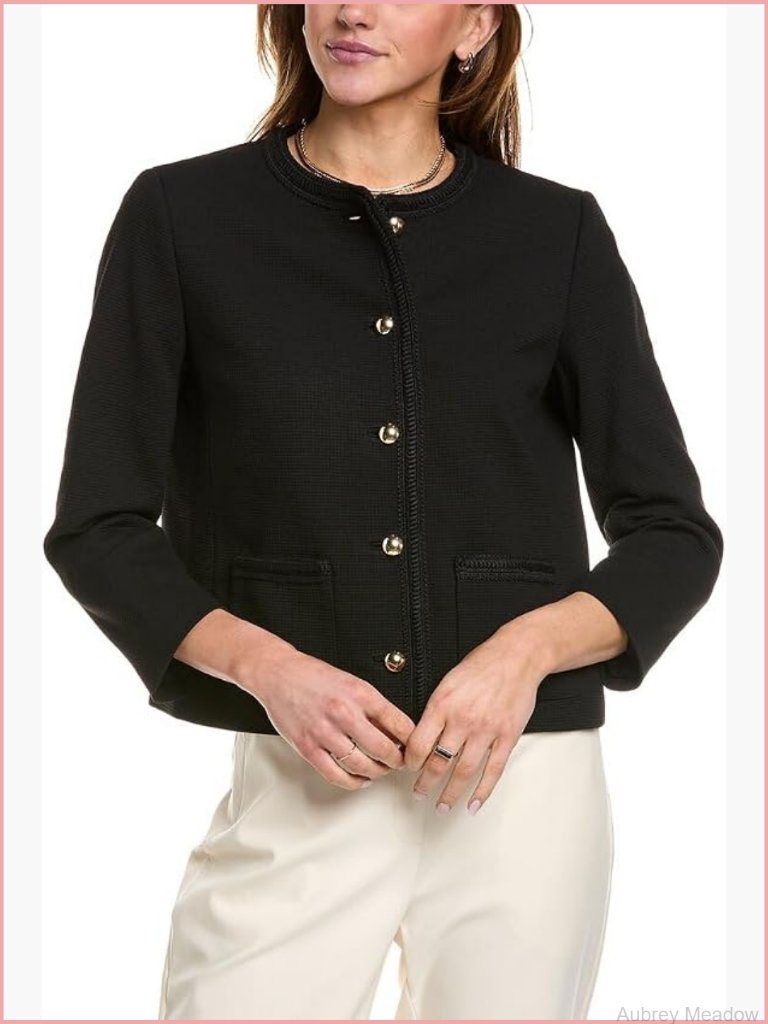 Texture Five Button Collarless Blazer - Long Sleeve - Solid Business Casual